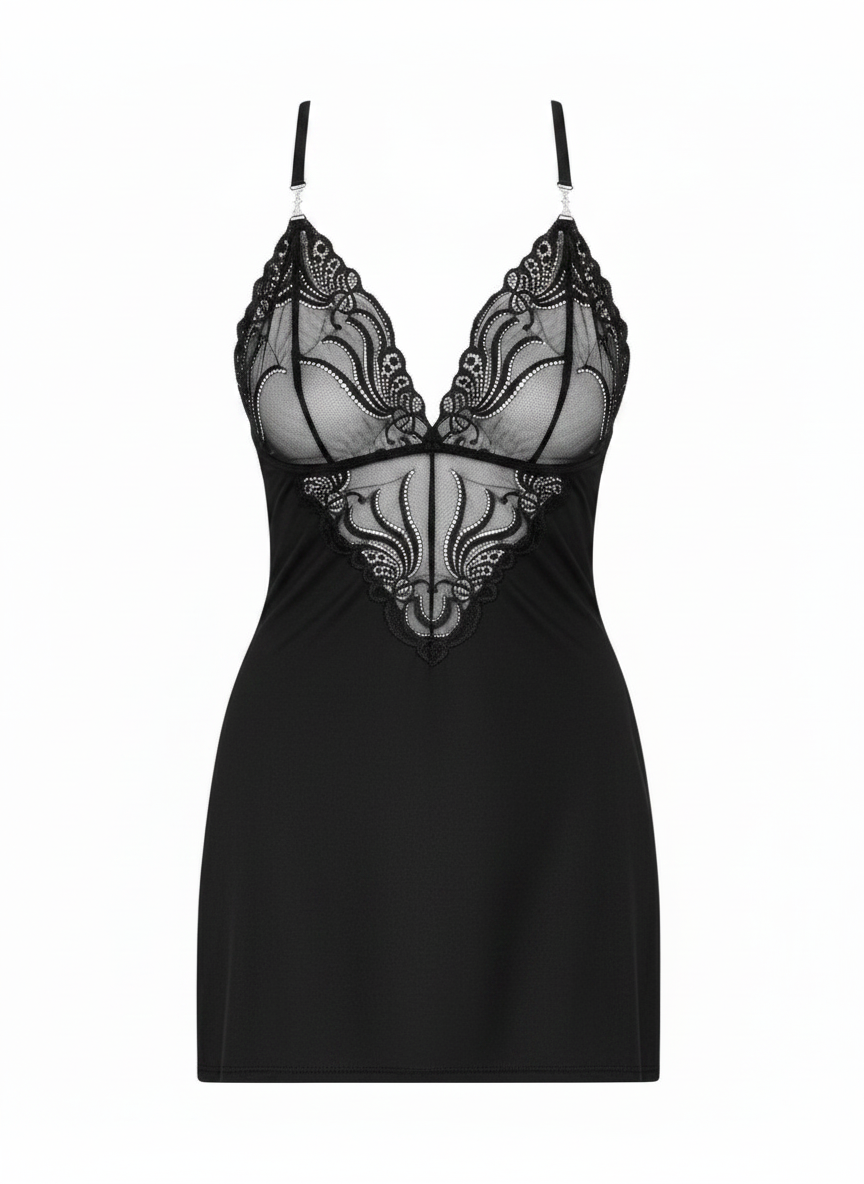 828-CHE-1 Nuisette et String - Noir