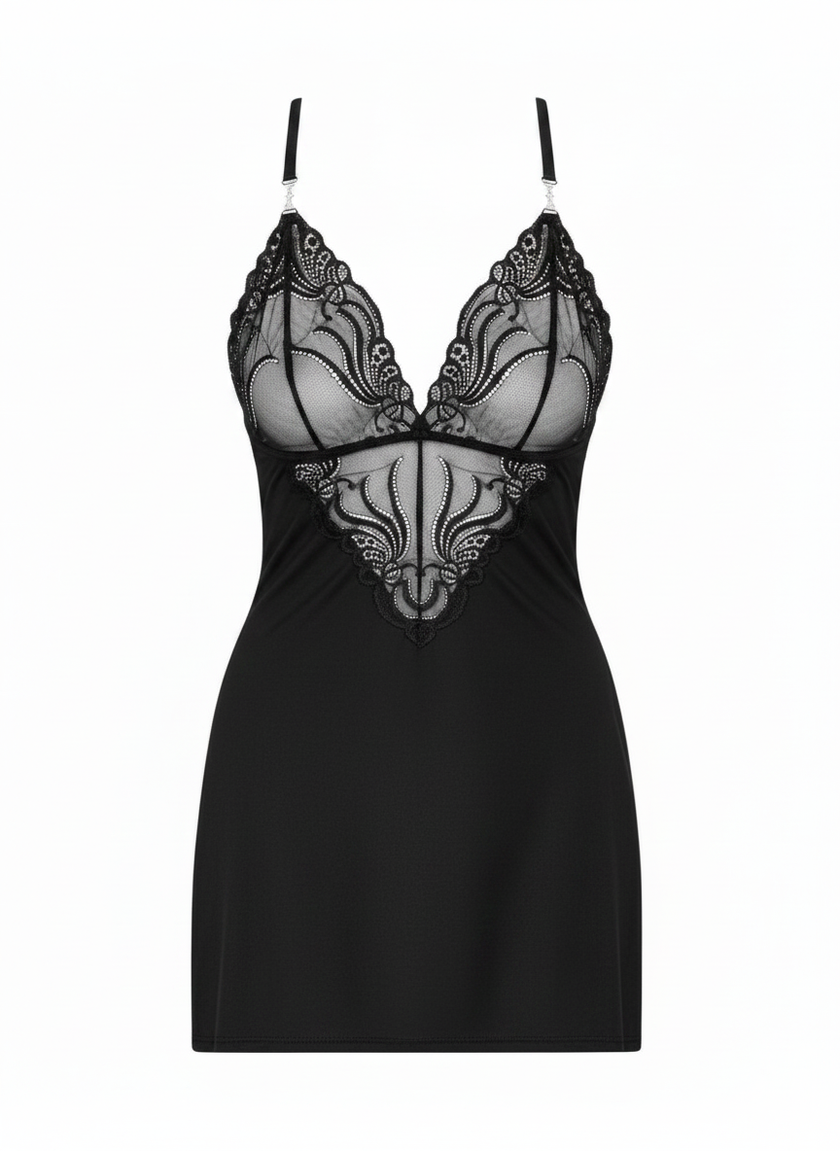 828-CHE-1 Nuisette et String - Noir
