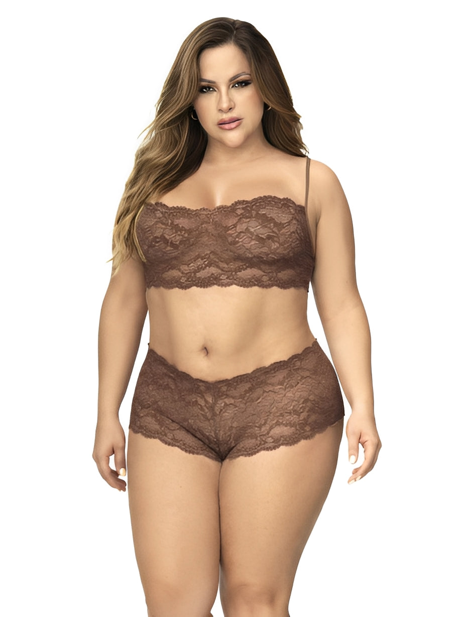 Ensemble 2 pièces en dentelle grande taille, top à bretelles et shorty couleur cacao