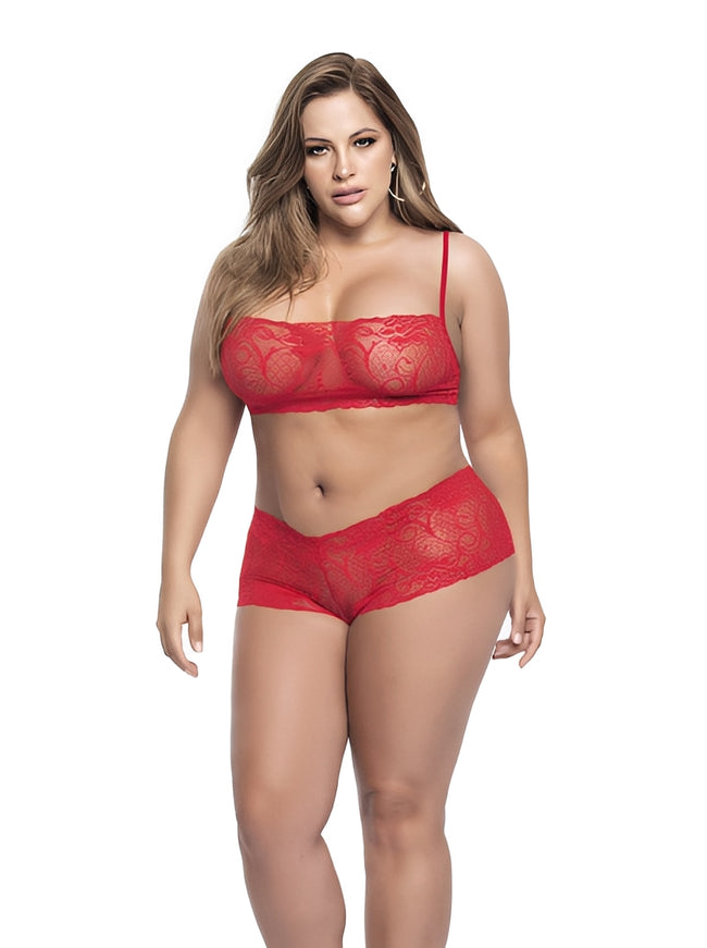 Ensemble lingerie, grande taille, rouge  top bustier et shorty dentelle