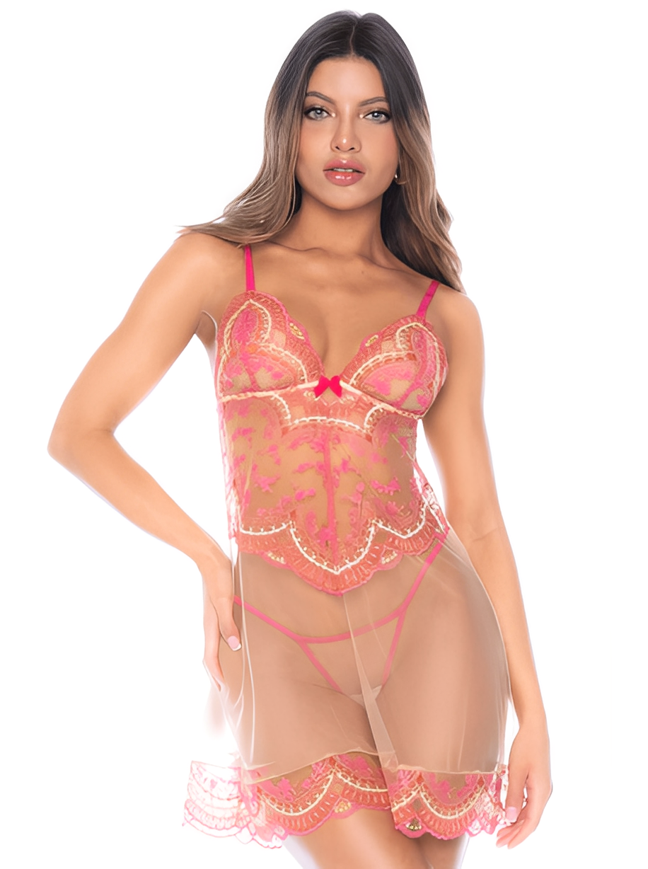 Nuisette en résille brodée avec string