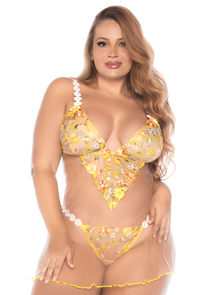 Nuisette grande taille transparente brodée jaune et string