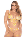 Nuisette grande taille transparente brodée jaune et string